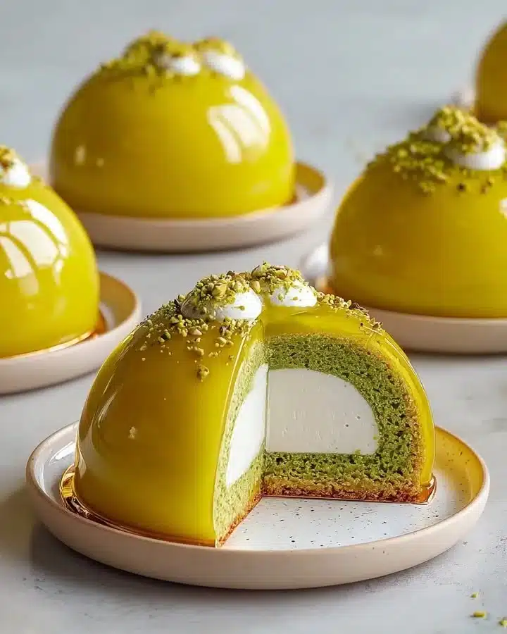 Pistachio sponge domes with Meyer lemon mousse and citrus mirror glaze dessert.