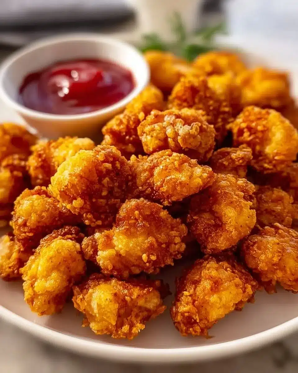 Crispy and flavorful popcorn chicken served with dipping sauce.