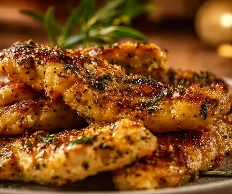 Plate of quick Mediterranean chicken tenders garnished with herbs and lemon.