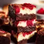 Delicious Raspberry Cheesecake Brownies garnished with fresh raspberries