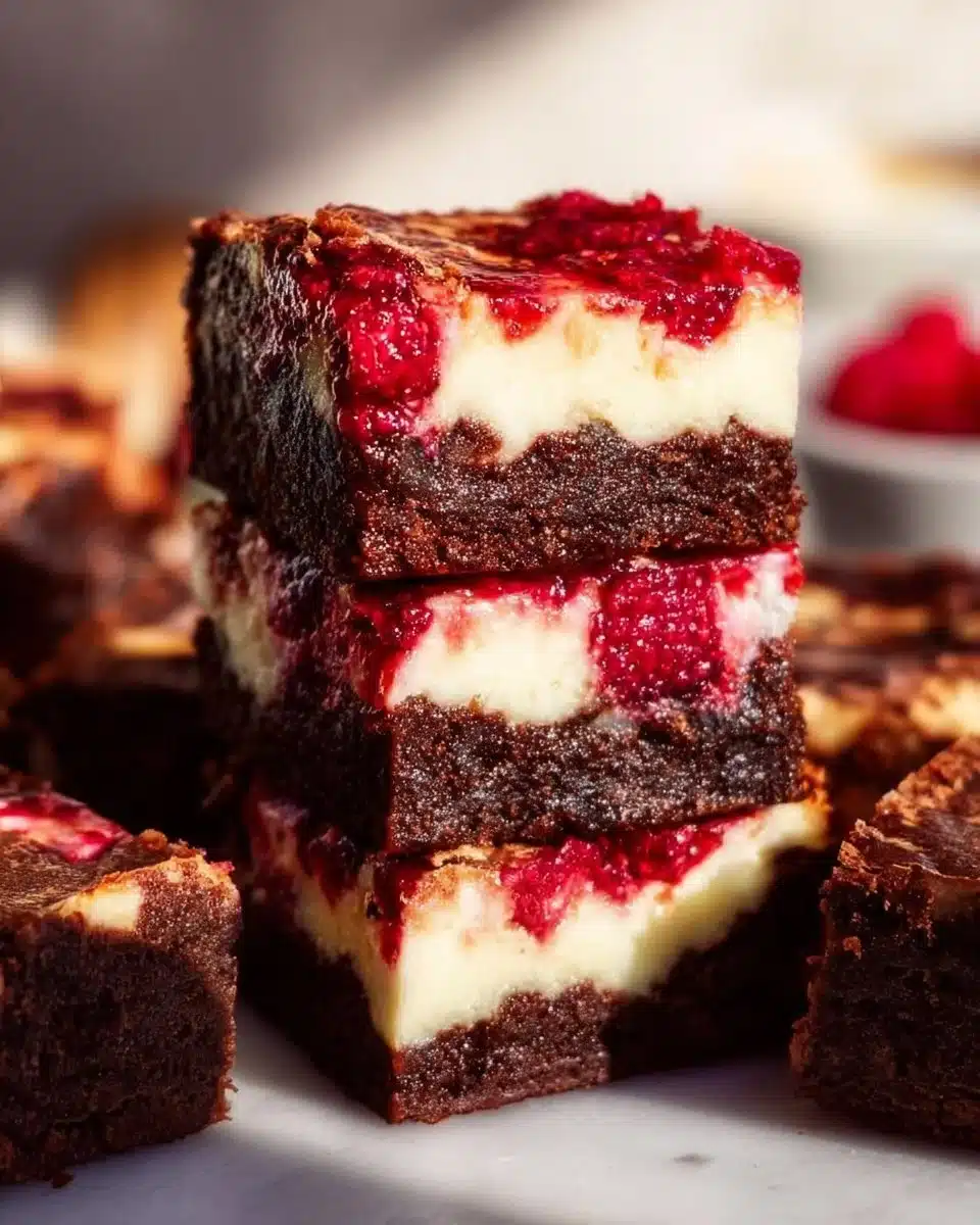 Delicious Raspberry Cheesecake Brownies garnished with fresh raspberries