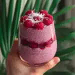 Bowl of raspberry chia pudding topped with fresh raspberries and mint leaves