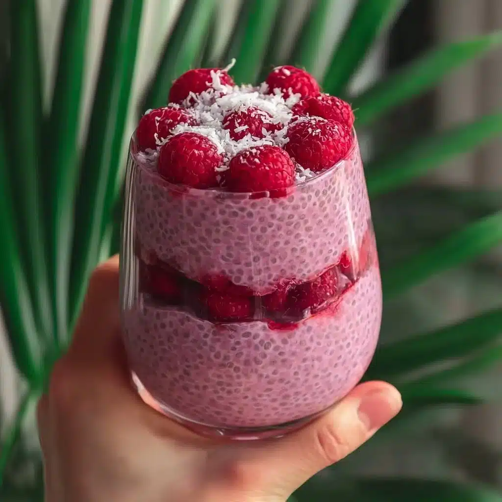 Bowl of raspberry chia pudding topped with fresh raspberries and mint leaves
