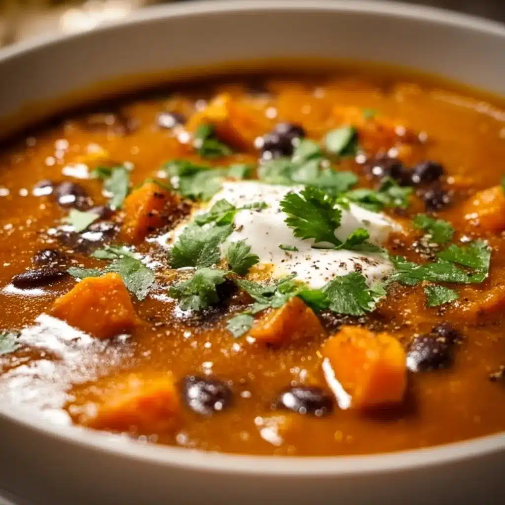 Bowl of roasted sweet potato and black bean soup garnished with herbs
