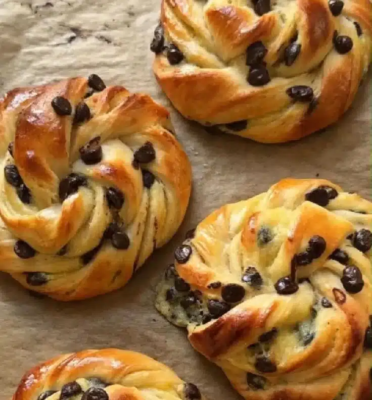 Delicious rolled brioche filled with vanilla cream and chocolate chips