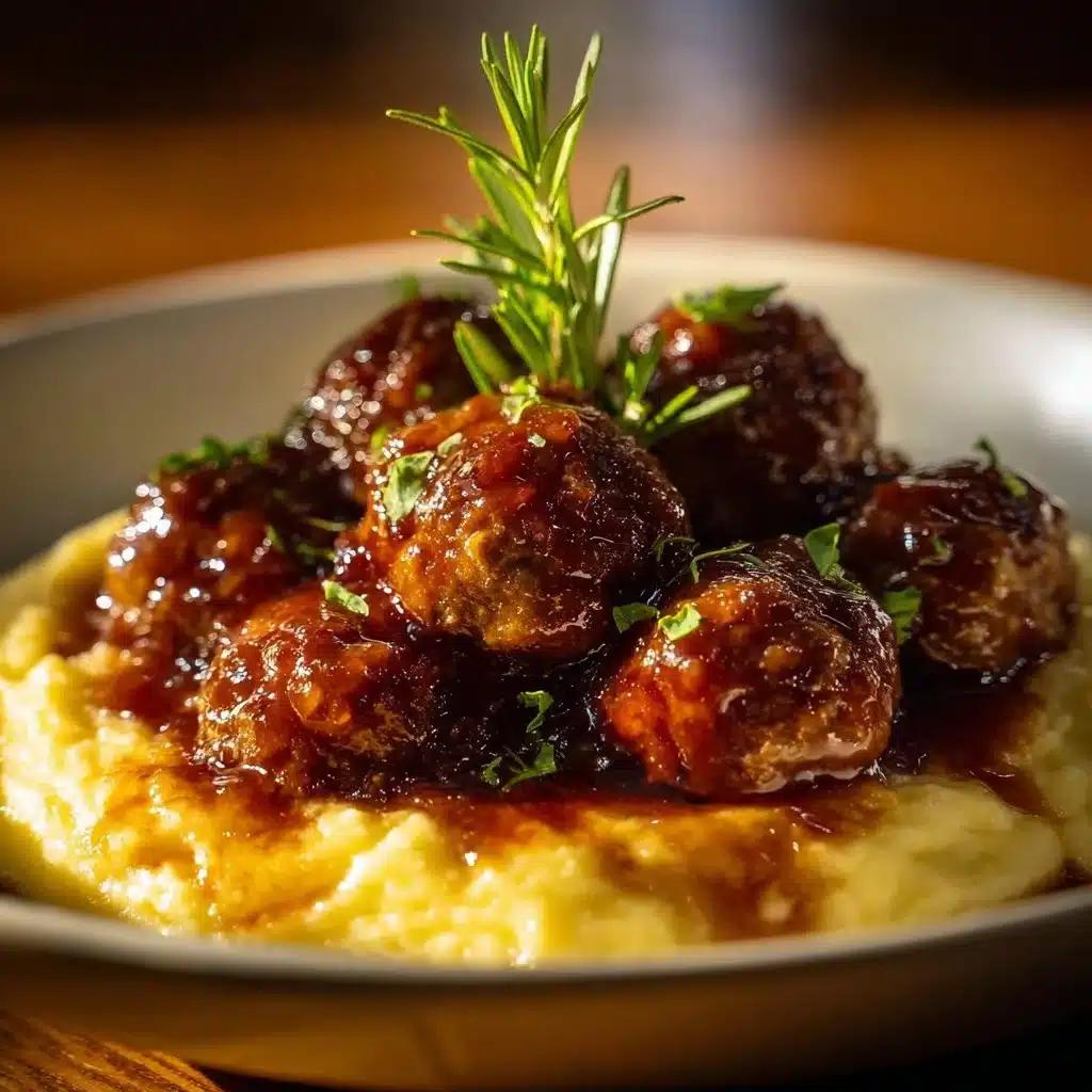 Salisbury steak meatballs served with garlic herb mashed potatoes