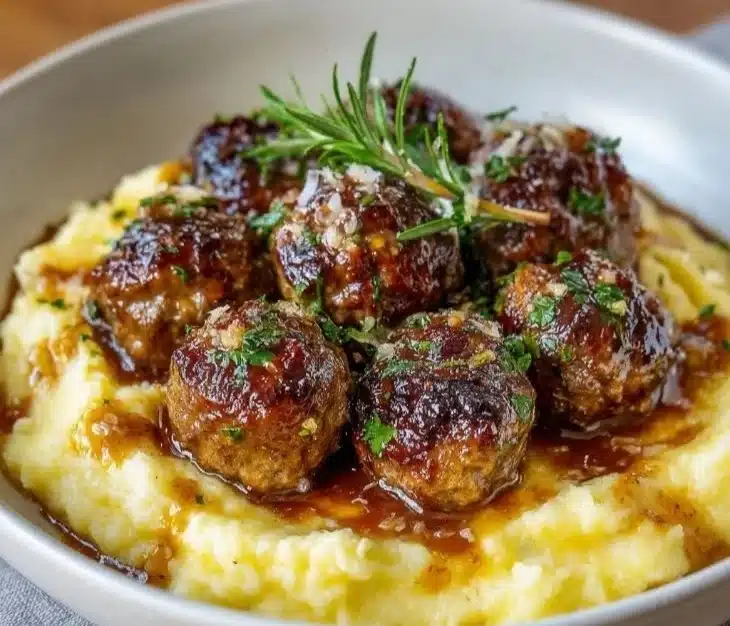 Salisbury Steak Meatballs with Garlic Herb Mashed Potatoes