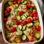 Sheet Pan Mediterranean Chicken with Zucchini dish ready to serve