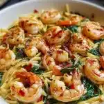 Shrimp and spinach orzo skillet dish cooked in a skillet with vegetables