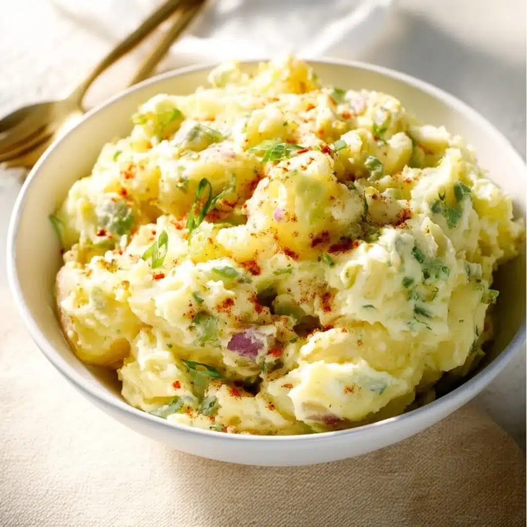 Delicious Southern potato salad in a bowl with fresh herbs