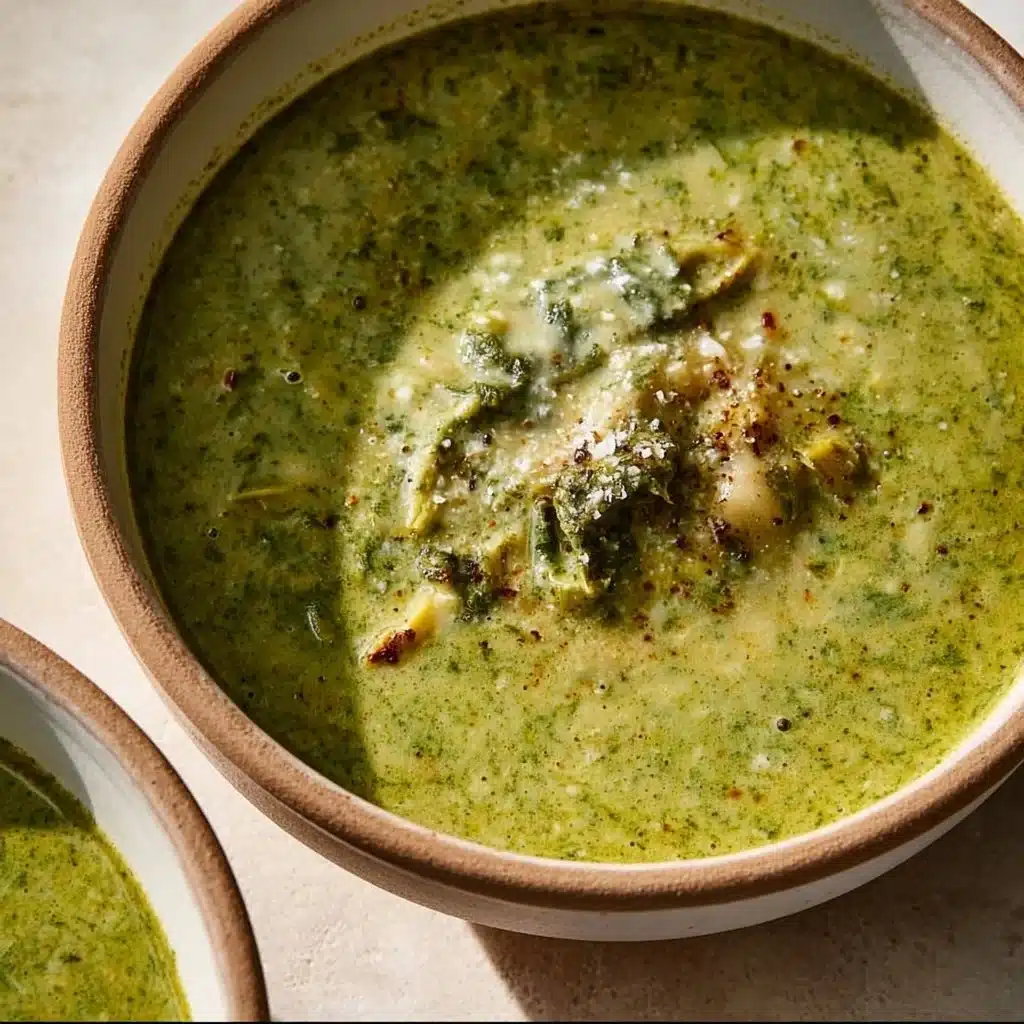 Bowl of creamy spinach artichoke white bean soup garnished with herbs