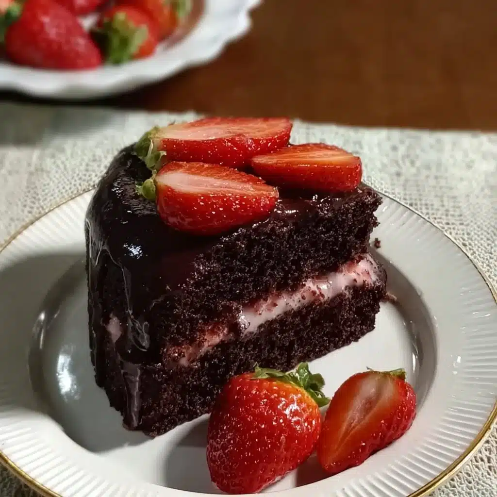 Delicious strawberry chocolate cake with fresh strawberries and chocolate frosting