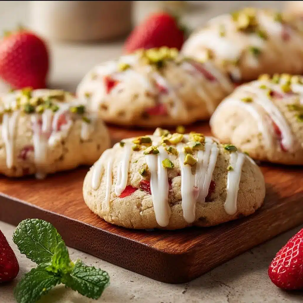 Delicious strawberry shortcake cookies topped with fresh strawberries and cream