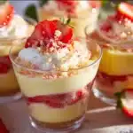 Delicious strawberry shortcake pudding cups featuring fresh strawberries and whipped cream.