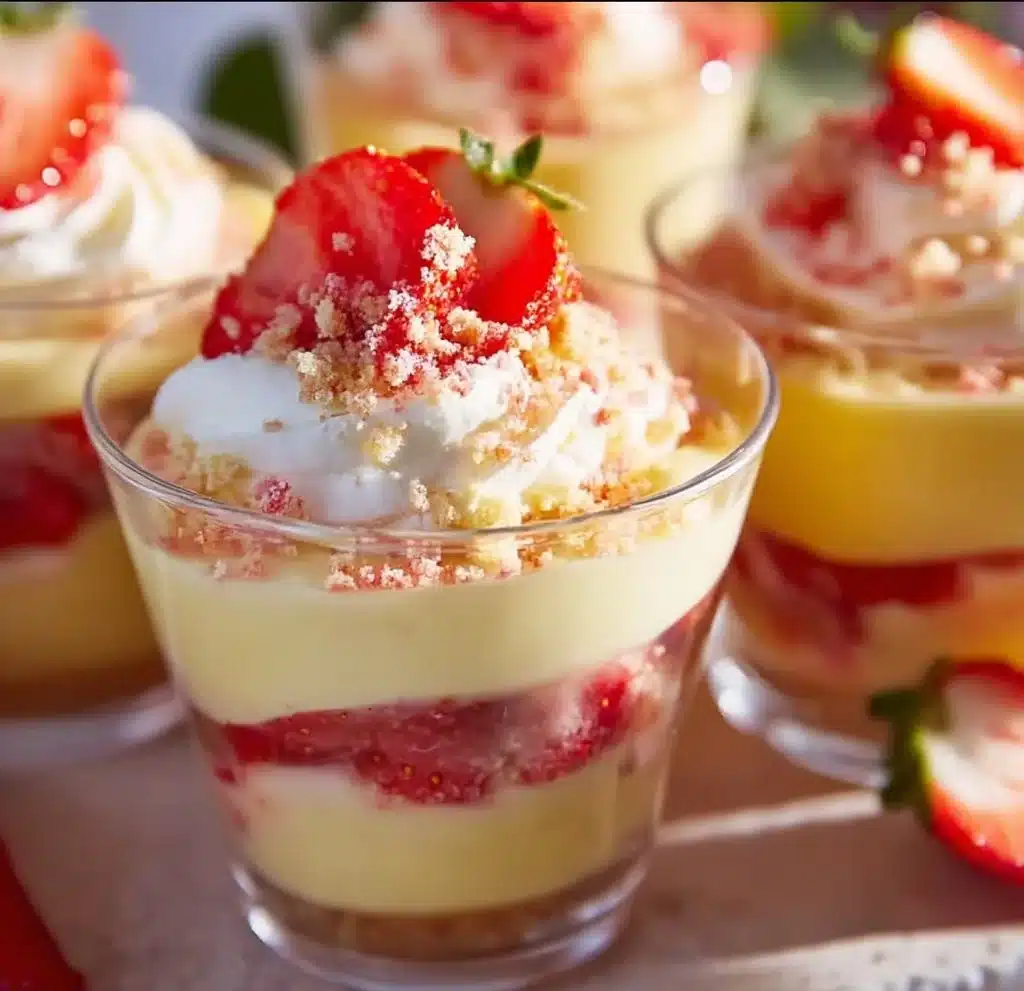 Delicious strawberry shortcake pudding cups featuring fresh strawberries and whipped cream.