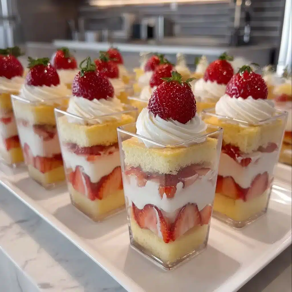 Delicious strawberry shortcake shooters served in small glasses