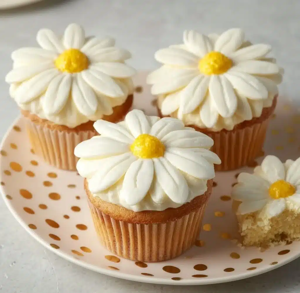 Decorated super cute daisy cupcakes on a colorful platter