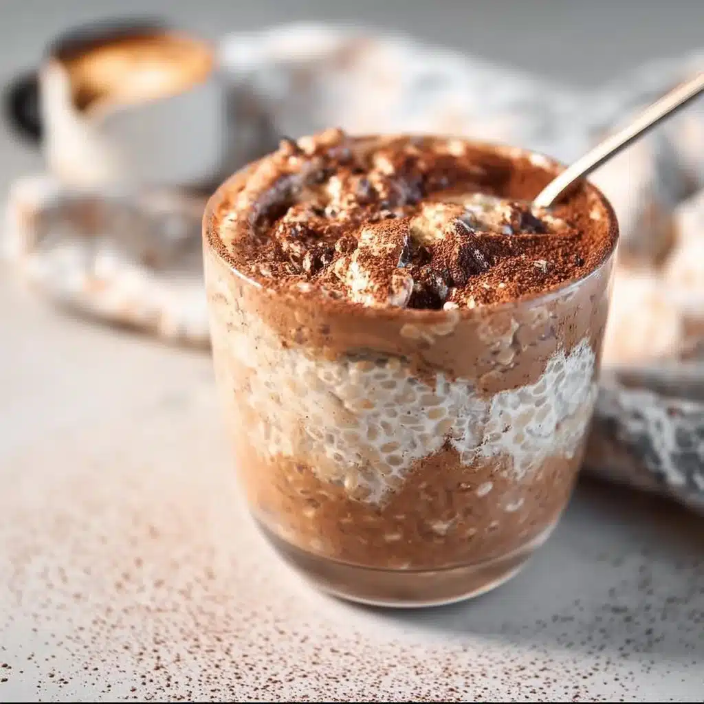Tiramisu overnight oats topped with cocoa and coffee for a delicious breakfast
