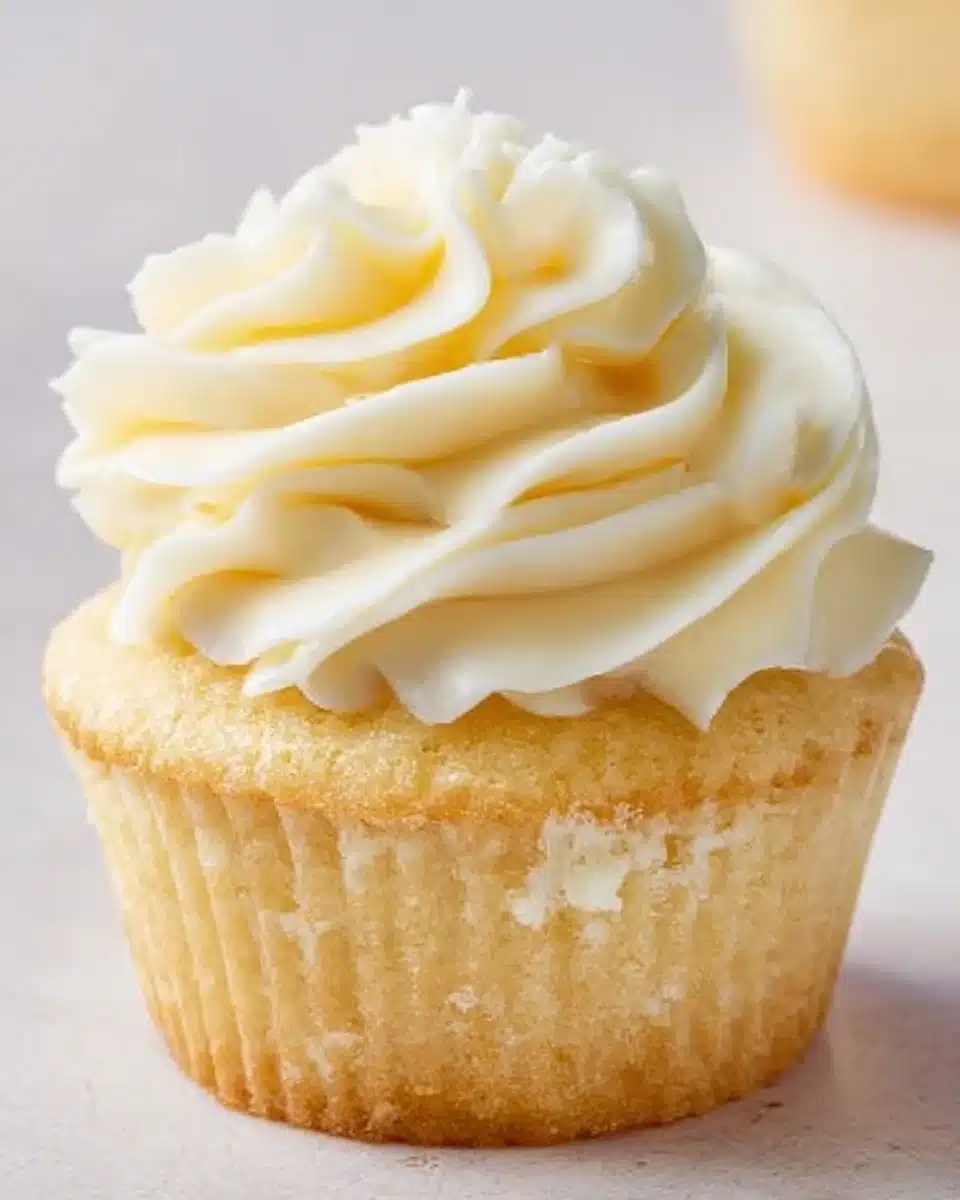 Delicious vanilla cupcakes topped with creamy frosting and sprinkles.