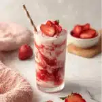 Vegan Korean strawberry milk served in a glass with fresh strawberries