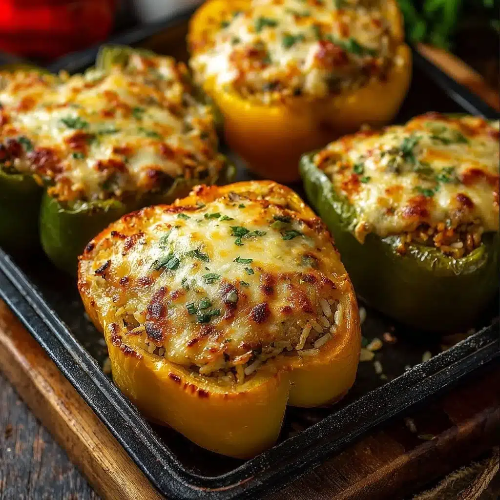 Vegetarian stuffed bell peppers filled with rice, beans, and vegetables.
