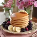 Plate of warm pancakes showcasing a soft and fluffy texture with syrup.