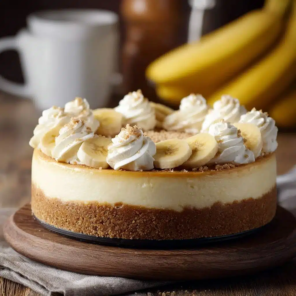 Delicious Banana Cream Cheesecake topped with fresh bananas and whipped cream.