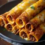 Golden brown beef taquitos served on a plate with dipping sauce.