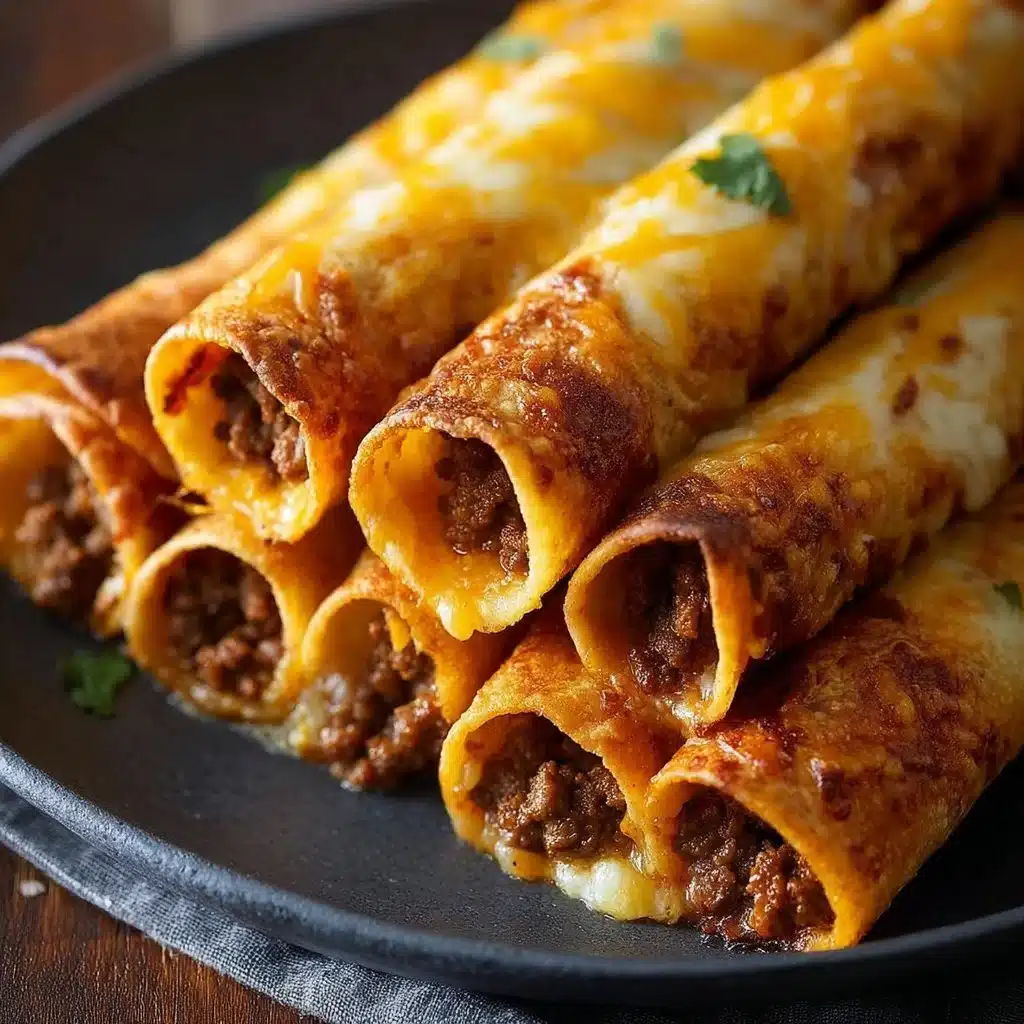 Golden brown beef taquitos served on a plate with dipping sauce.