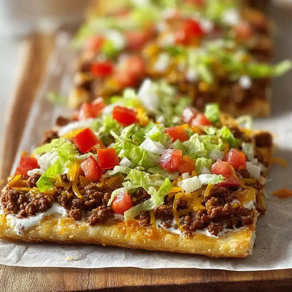 Homemade Crescent Roll Taco Pizza topped with cheese, salsa, and fresh toppings.