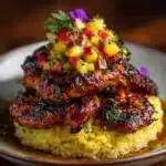Delicious Huli Huli Chicken stack garnished with herbs and served with sides
