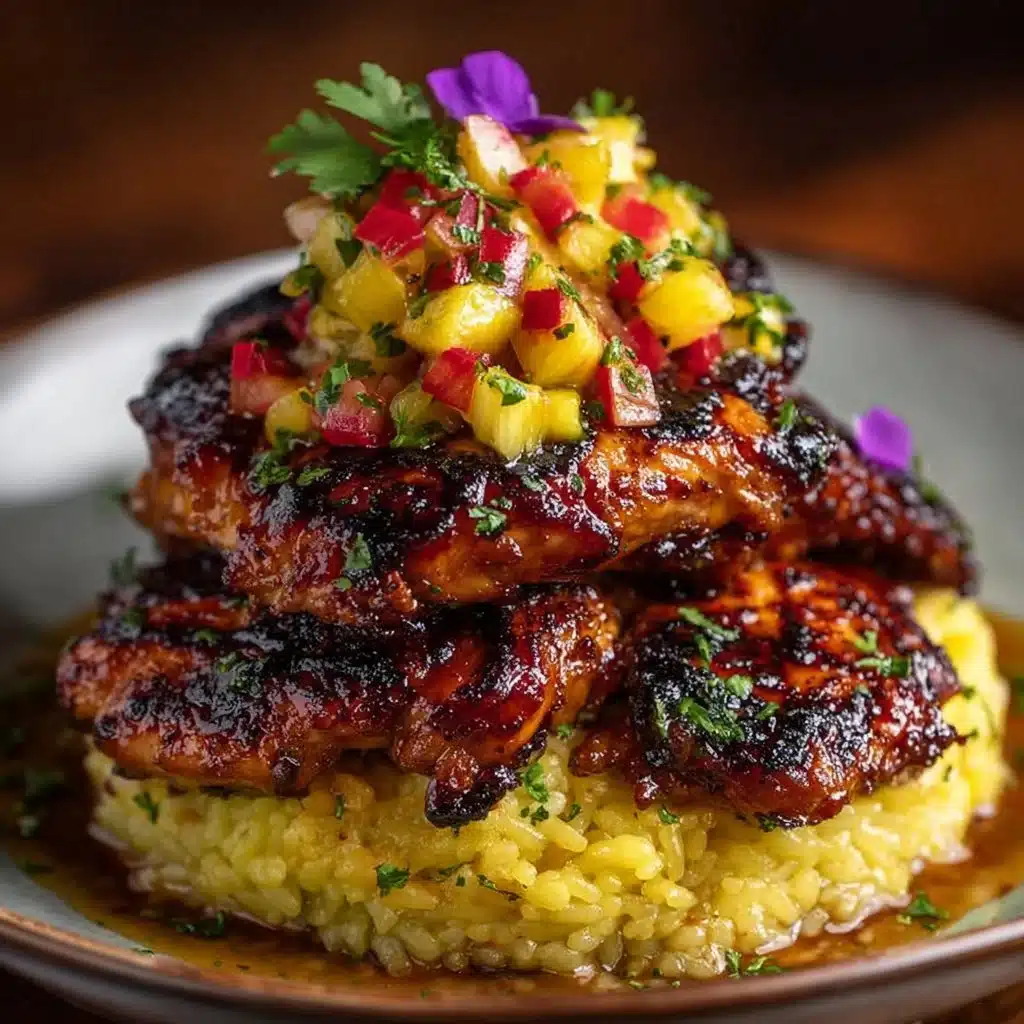 Delicious Huli Huli Chicken stack garnished with herbs and served with sides