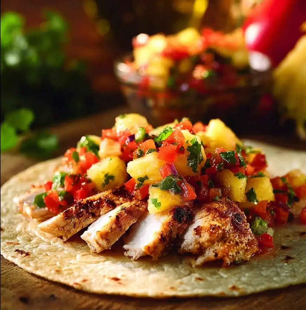 Blackened chicken tacos served with vibrant pineapple salsa on a plate.