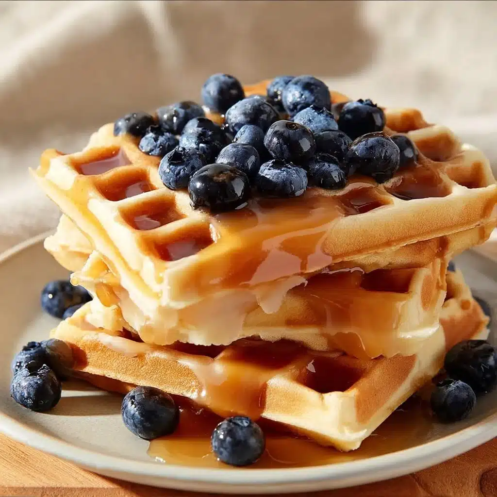 Plate of fluffy blueberry waffles topped with fresh blueberries and syrup