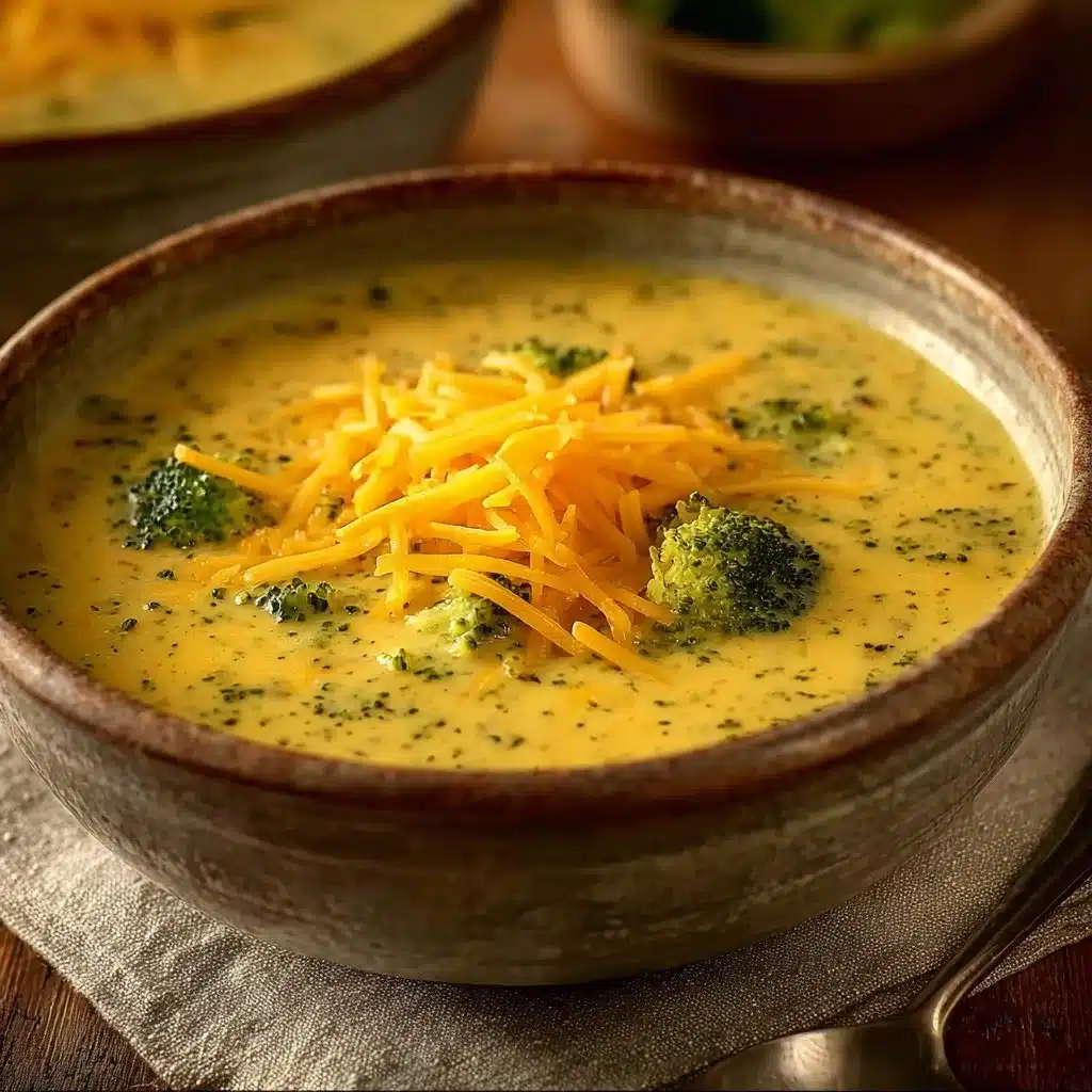 Bowl of creamy broccoli cheddar soup with fresh broccoli and cheese on top