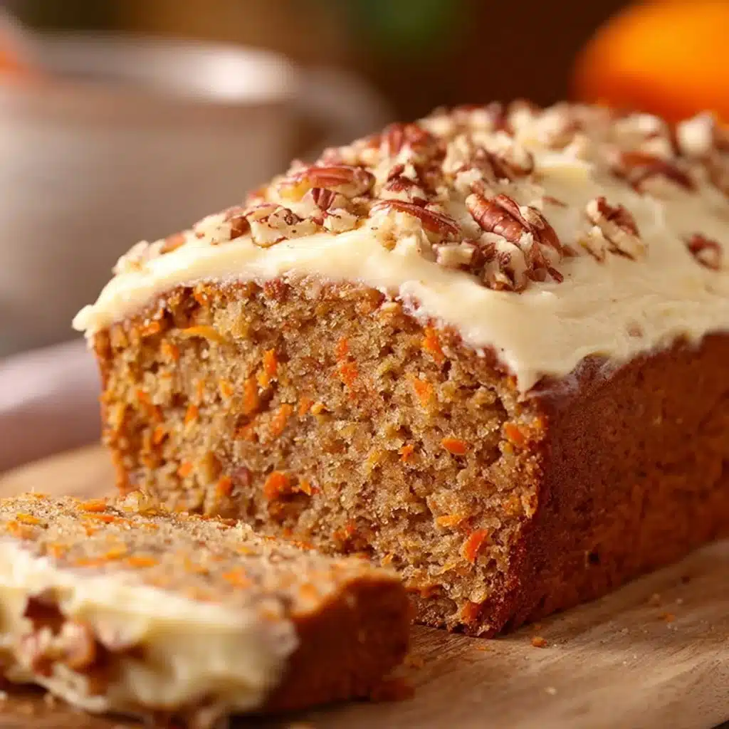 Delicious slice of Carrot Cake Banana Bread topped with cream cheese frosting