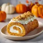 Delicious Carrot Cake Roll elegantly served on a plate with cream cheese frosting.