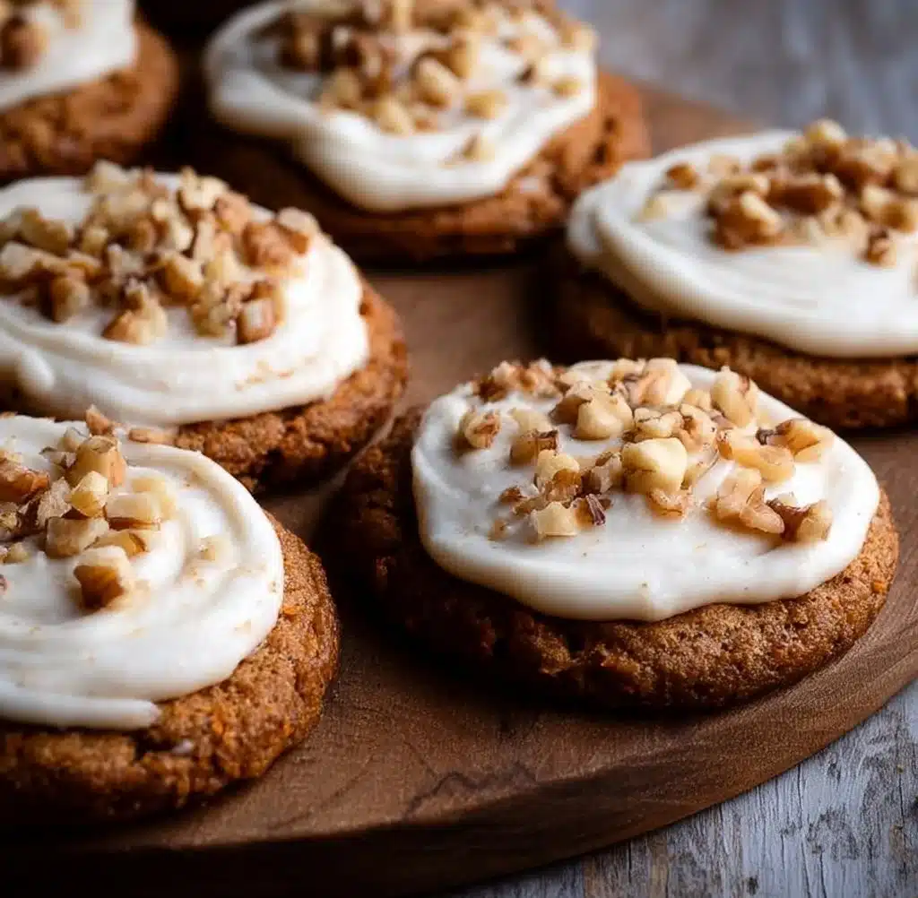 Freshly baked chewy carrot cake cookies on a plate
