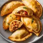 Golden chicken empanadas served on a plate with dipping sauce.