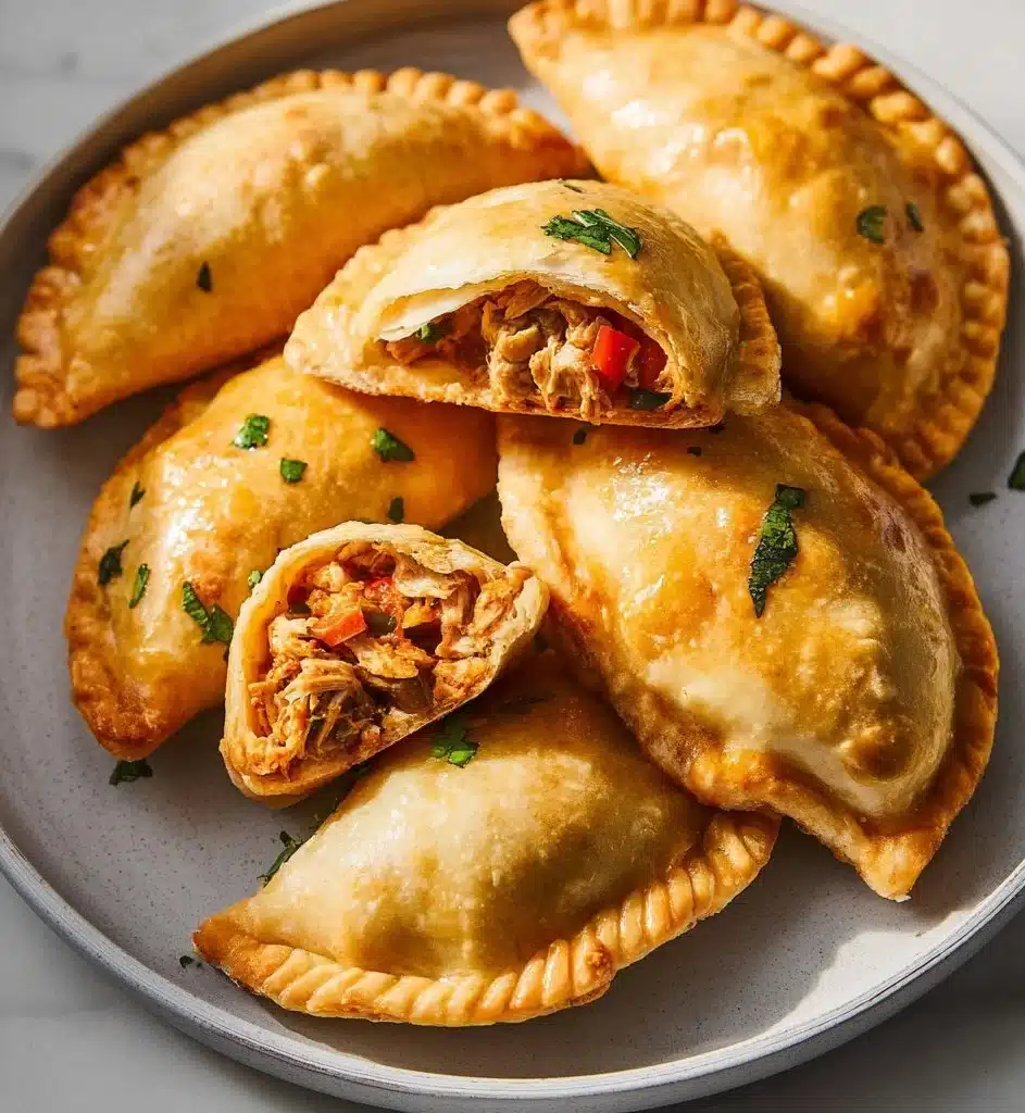 Golden chicken empanadas served on a plate with dipping sauce.