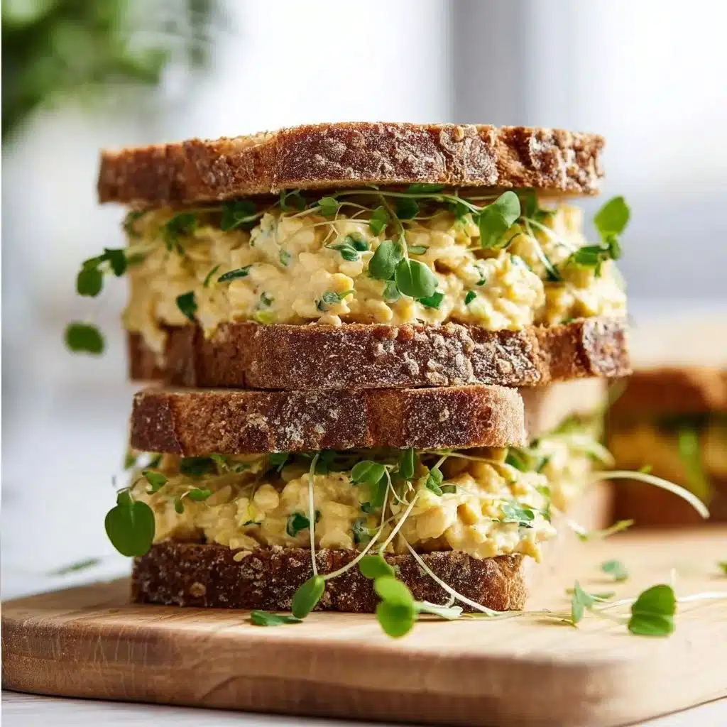 Chickpea salad sandwich with fresh vegetables on a wooden table