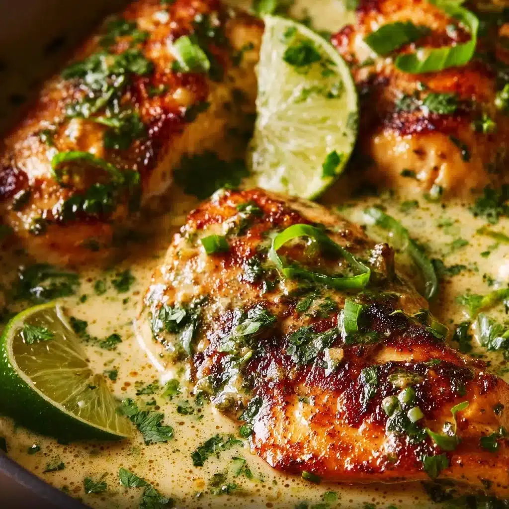 Delicious Coconut Lime Chicken garnished with lime slices and fresh herbs