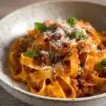 Delicious creamy fettuccine Bolognese served with fresh basil and grated cheese