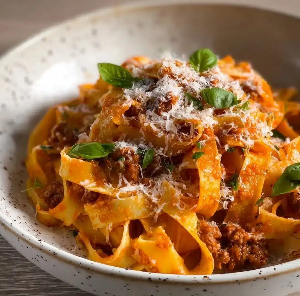 Delicious creamy fettuccine Bolognese served with fresh basil and grated cheese