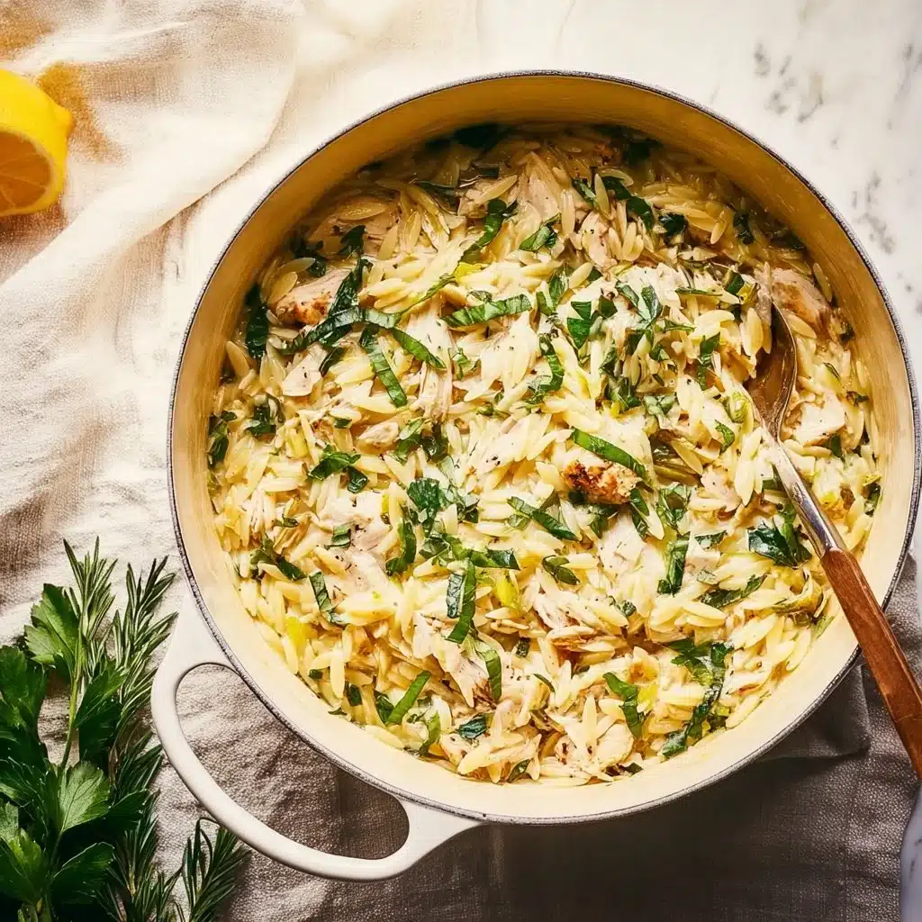 Creamy Lemon Chicken Orzo dish with fresh herbs and lemon slices