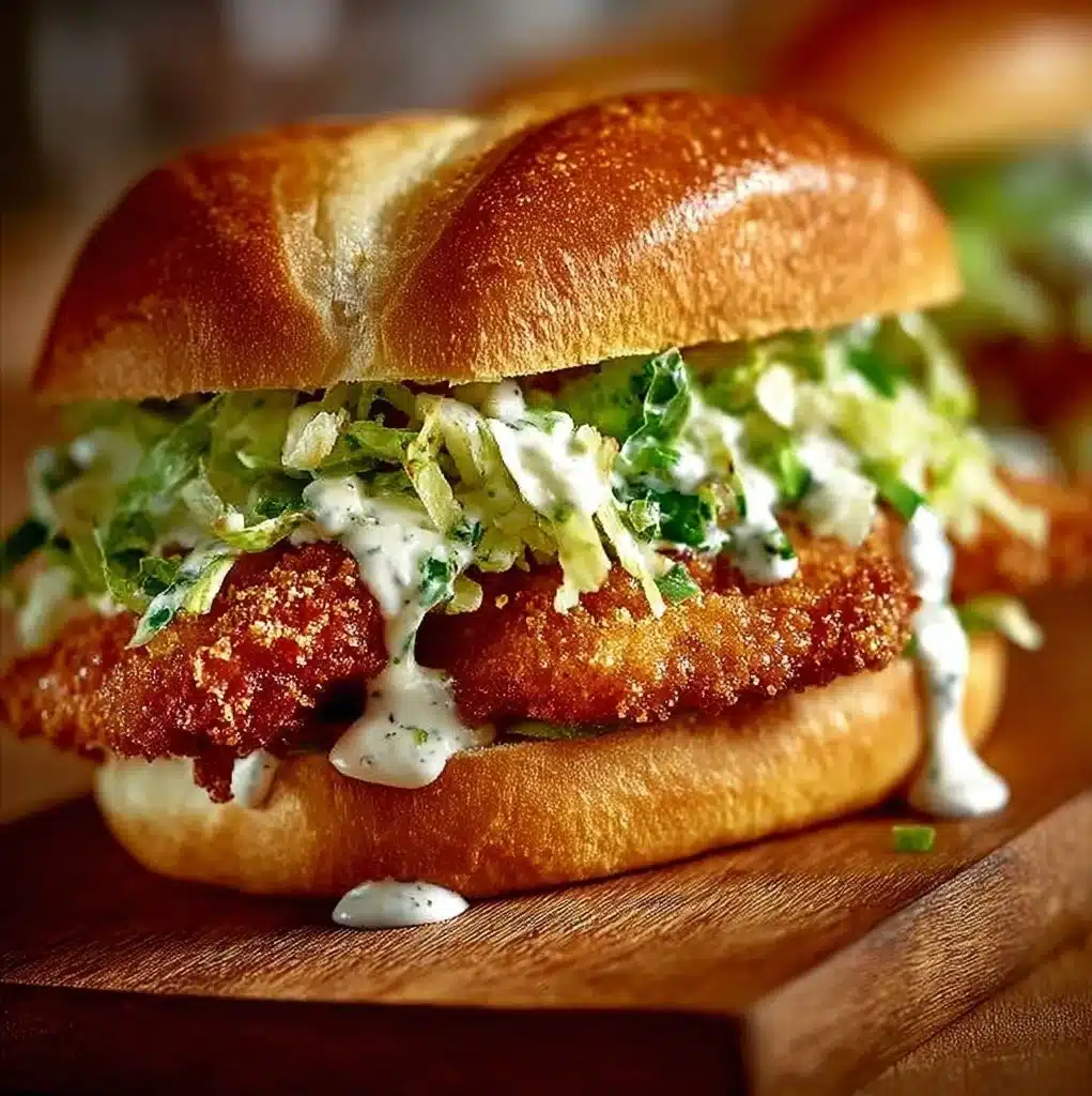 Crispy Chicken Caesar Sandwich with lettuce and Caesar dressing on a toasted bun