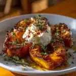 Crispy smashed potatoes with whipped feta and chili honey on a plate