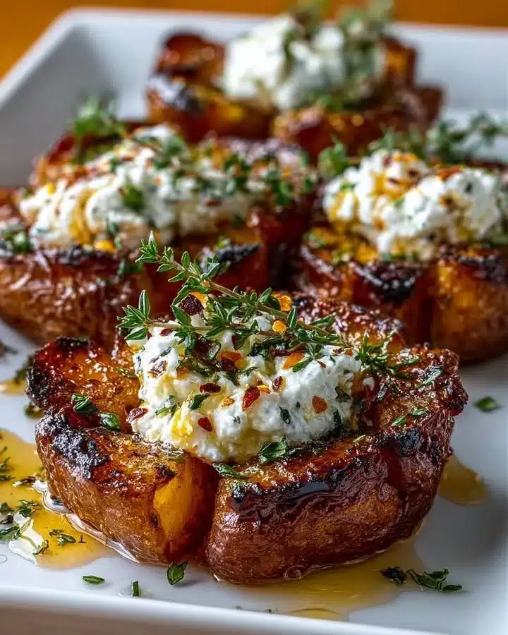 Crispy Smashed Potatoes with Whipped Feta & Chili Honey