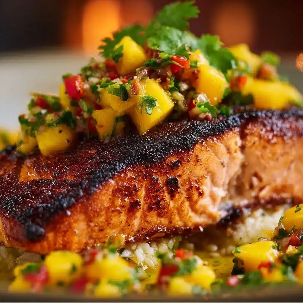 Fresh salmon filet served with colorful mango salsa