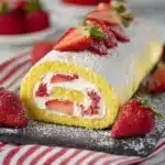 Fresh strawberry cake roll with vibrant strawberries and whipped cream filling.
